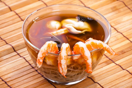 traditional Japanese miso soup with prawnsの写真素材