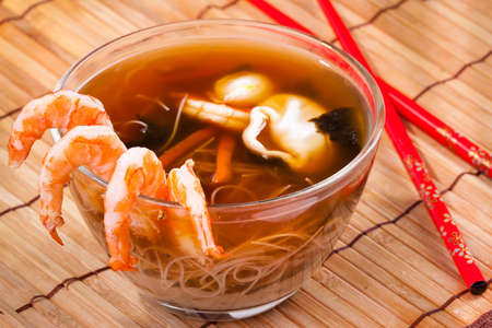 traditional Japanese miso soup with prawnsの写真素材