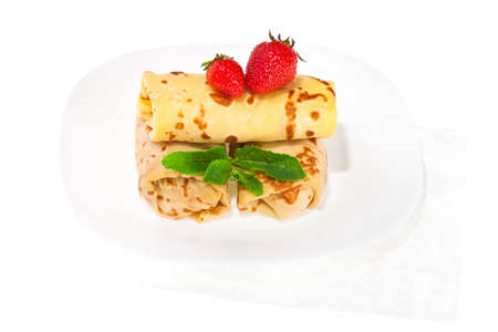 sweet pancakes with strawberry and mintの写真素材