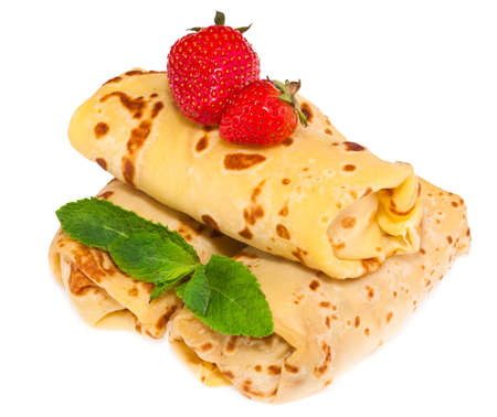sweet pancakes with strawberry and mintの写真素材