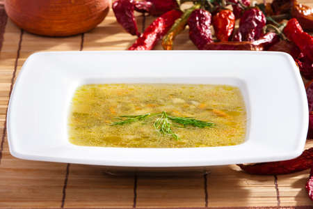 delicious vegetable home made soup close upの写真素材