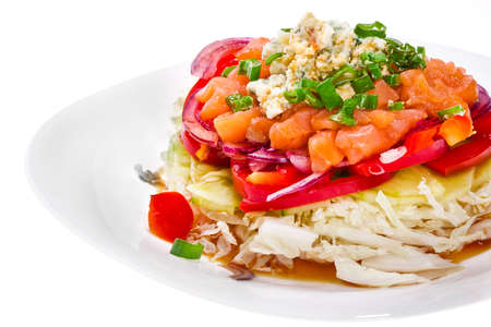 refined vegetable salad with blue cheese and salmonの写真素材