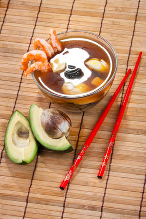 traditional Japanese miso soup with prawnsの写真素材