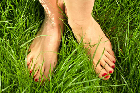 Woman's bare feet in the green grassの写真素材
