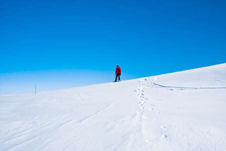 Man moves on snowboard. Glacier in background. Antarcticaの写真素材