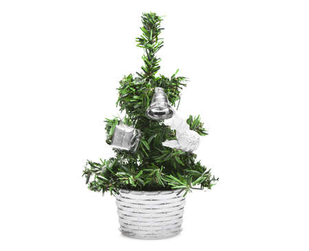 Toy Christmas tree decorated with silver ornamentsの写真素材