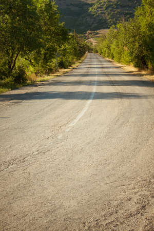 Country road beetwen trees and mountainsの写真素材