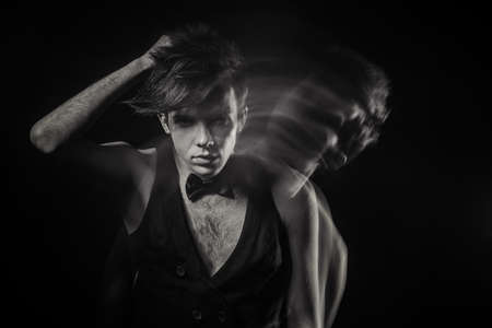 black and white portrait of young manの写真素材