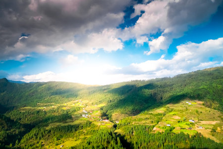 Mountain valley with beautiful blue sky. Nepalの写真素材