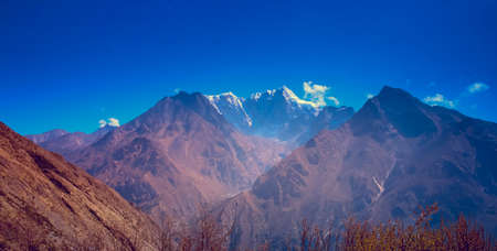 Beautiful snow-capped mountains against the blue sky. Himalaya, Nepalの写真素材