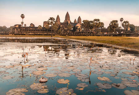Angkor Wat and reflecting pool at sunset, Siem Reap, Cambodiaの写真素材