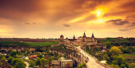 Sunset view on the castle in Kamianets-Podilskyi in spring. Ukraineのeditorial素材