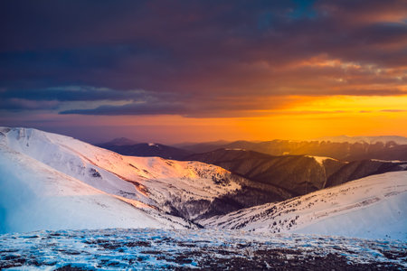 Winter landscape with a sunset. Ukraine, the Carpathian mountains.