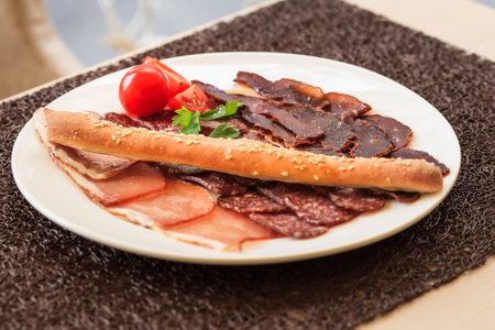 Various Italian Ham, Salami and Bacon. Meat Foodの写真素材