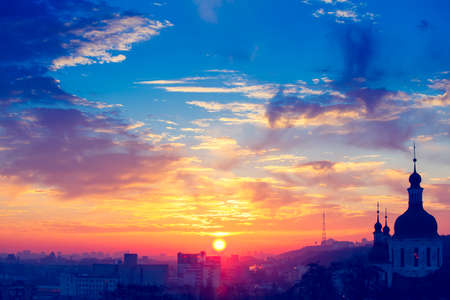 Orange sunset and cloud over cityscape Kiev, Ukraine, Europeの写真素材