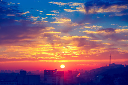Orange sunset and cloud over cityscape Kiev, Ukraine, Europeの写真素材
