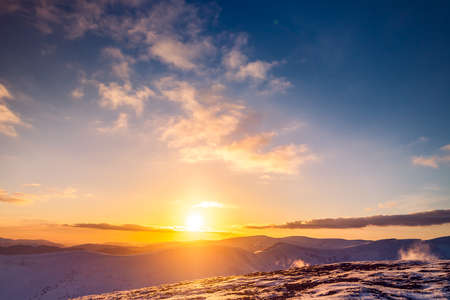 Winter landscape with a sunset. Ukraine, the Carpathian mountains.の写真素材