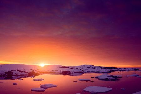 Summer  sunset in Antarctica.  Beautiful winter background.の写真素材