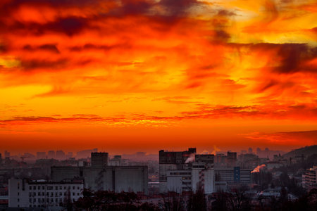 Orange sunset and cloud over cityscape Kiev, Ukraine, Europeの写真素材