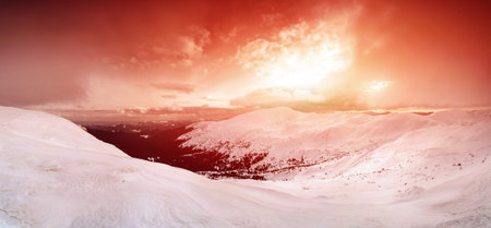 Panorama of Snow Mountain Range Landscape with Blue Sky at Carpathian mountain region. Ukraineの写真素材