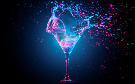 Blue cocktail with splashing water on the black background. Party club entertainment. Mixed light