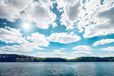 Beautiful river landscape. Dniester river in Bakota Ukraine in nice dayの写真素材