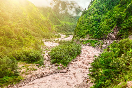 Beautiful river landscape and mountains in Nepal, Annapurna trekkingの写真素材