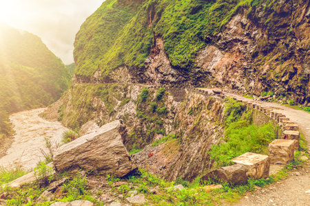 Beautiful river landscape and mountains in Nepal, Annapurna trekkingの写真素材