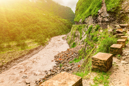 Beautiful river landscape and mountains in Nepal, Annapurna trekkingの写真素材