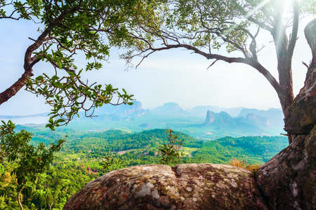 beautiful landscape with green trees on mountains, rocks and sunshine in Thailandの写真素材