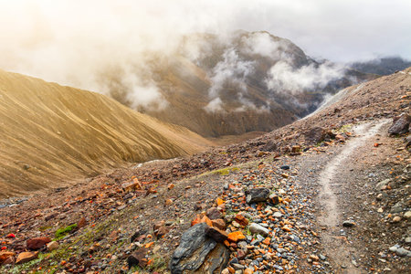 stone mountain trail in the Himalaya, Nepalの写真素材