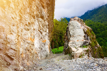 big rocks and stones in mountains in Nepal,  Annapurna trekkingの写真素材