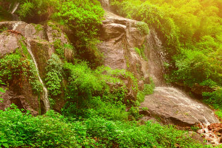 Beautiful mountains landscape with waterfall on stones and green plants in Nepal, Annapurna trekkingの写真素材