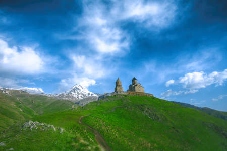 Tsminda Sameba. Holy Trinity Church near Mount Kazbek in Georgiaの写真素材