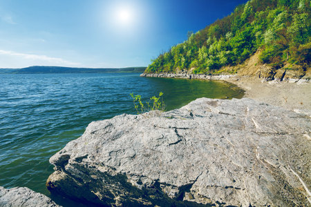 Beautiful river landscape and sunshine in Bakota, Ukraine