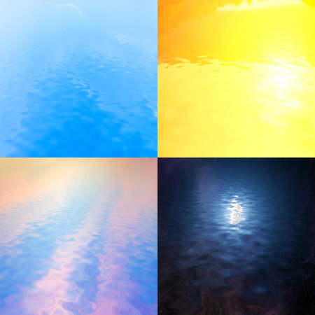 four colorful landscapes with sky reflected in waterの写真素材