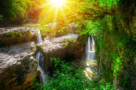 Martvili canyon in Georgia. Beautiful natural canyon and amazing waterfall of the mountain riverの写真素材