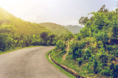 Beautiful landscape with asphalt road in mountains, Annapurna area, Nepalの写真素材