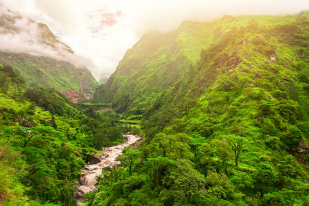 Beautiful river landscape and mountains in Nepal, Annapurna trekkingの写真素材