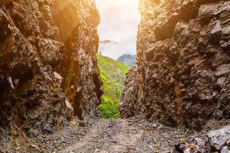 beautiful mountains landscape from stone pathway and rocks in Nepal, Annapurna trekkingの写真素材