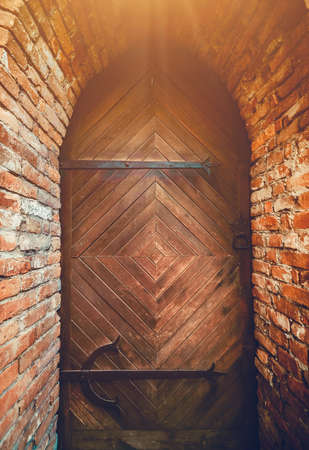 close up Old Wooden door with ornaments in ancient fortressの写真素材