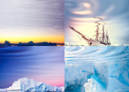 Four natural polar landscapes reflected in waterの写真素材