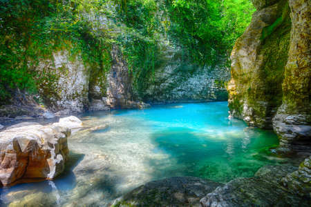 Martvili canyon in Georgia. Beautiful natural canyon with view of the mountain riverの写真素材
