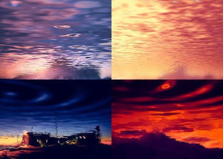 Four colorful landscapes with sky reflected in waterの写真素材