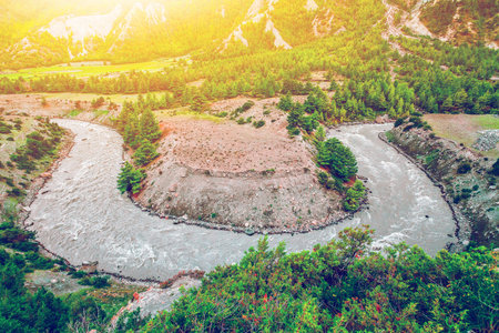 Beautiful river landscape and mountains in Nepal, Annapurna trekkingの写真素材