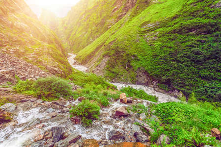 Beautiful mountain river in stone valley in Nepal. Annapurna trekkingの写真素材