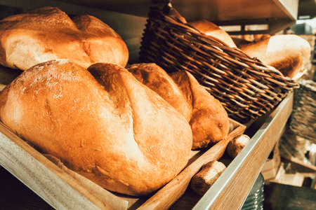 Fresh bread in wooden boxesの写真素材