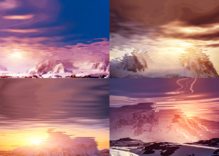 Four natural polar landscapes reflected in waterの写真素材