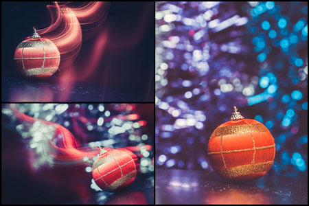 christmas balls lights background. collage