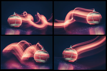 christmas balls lights background. collageの写真素材